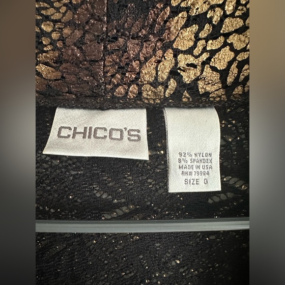 CHICO’S Women's Size 0  Us (S) Wrap Black/Metallic Gold Long Sleeves Lace-Like - Picture 3 of 6